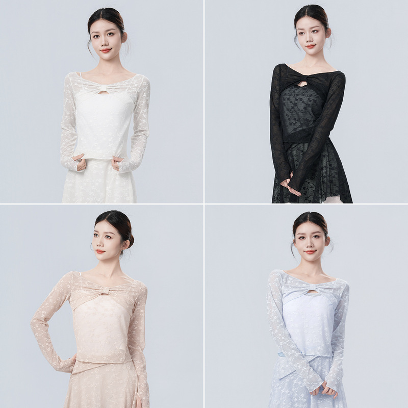 Dance Wear Tops for Adult Women, One-Line Collar Lace Blouse, Classical Dance Gauze Blouse, Ballet Practice Wear, Long-Sleeved Blouse Dance Wear Tops for Adult Women, One-Line Collar Lace Blouse, Classical Dance Gauze Blouse, Ballet Practice Wear, Long-Sleeved Blouse
