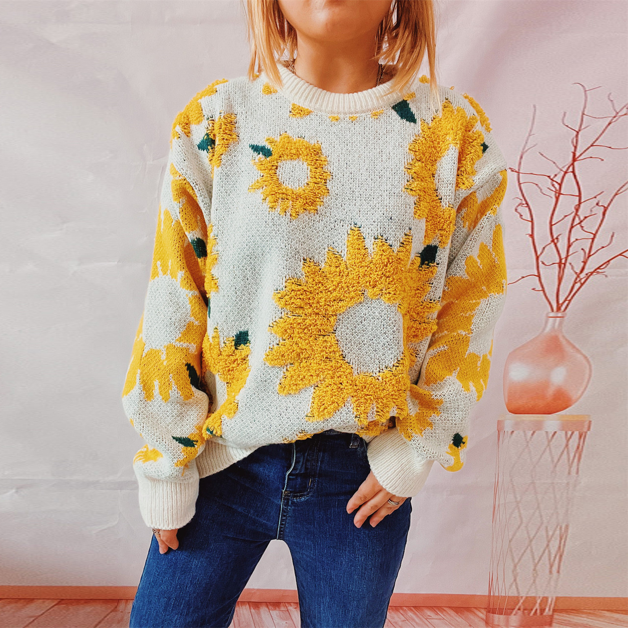 Women's Clothing autumn and winter tops sunflower jacquard round neck long sleeved knitted pullover sweater _voghion.com