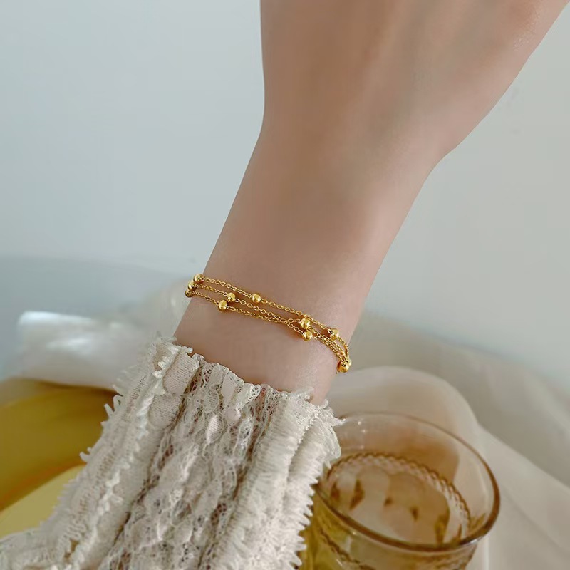 14【e188】three-layer bead chain bracelet gold