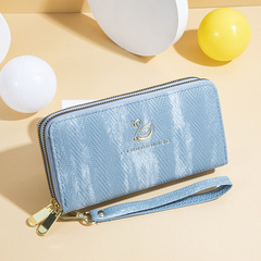 2022女士錢包長款新款天鵝熱塑燙金波浪紋時尚大容量雙拉鏈手拿包