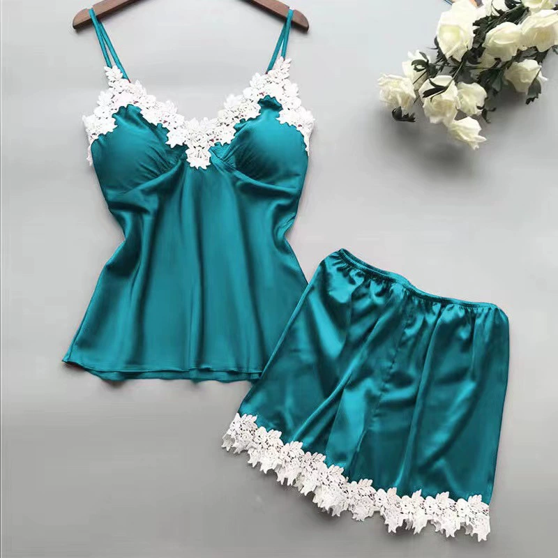 Пижамный набор для женщин, атласный лоскутный топ-с camisole и шорты, лето, расширенный размер (S–2XL)