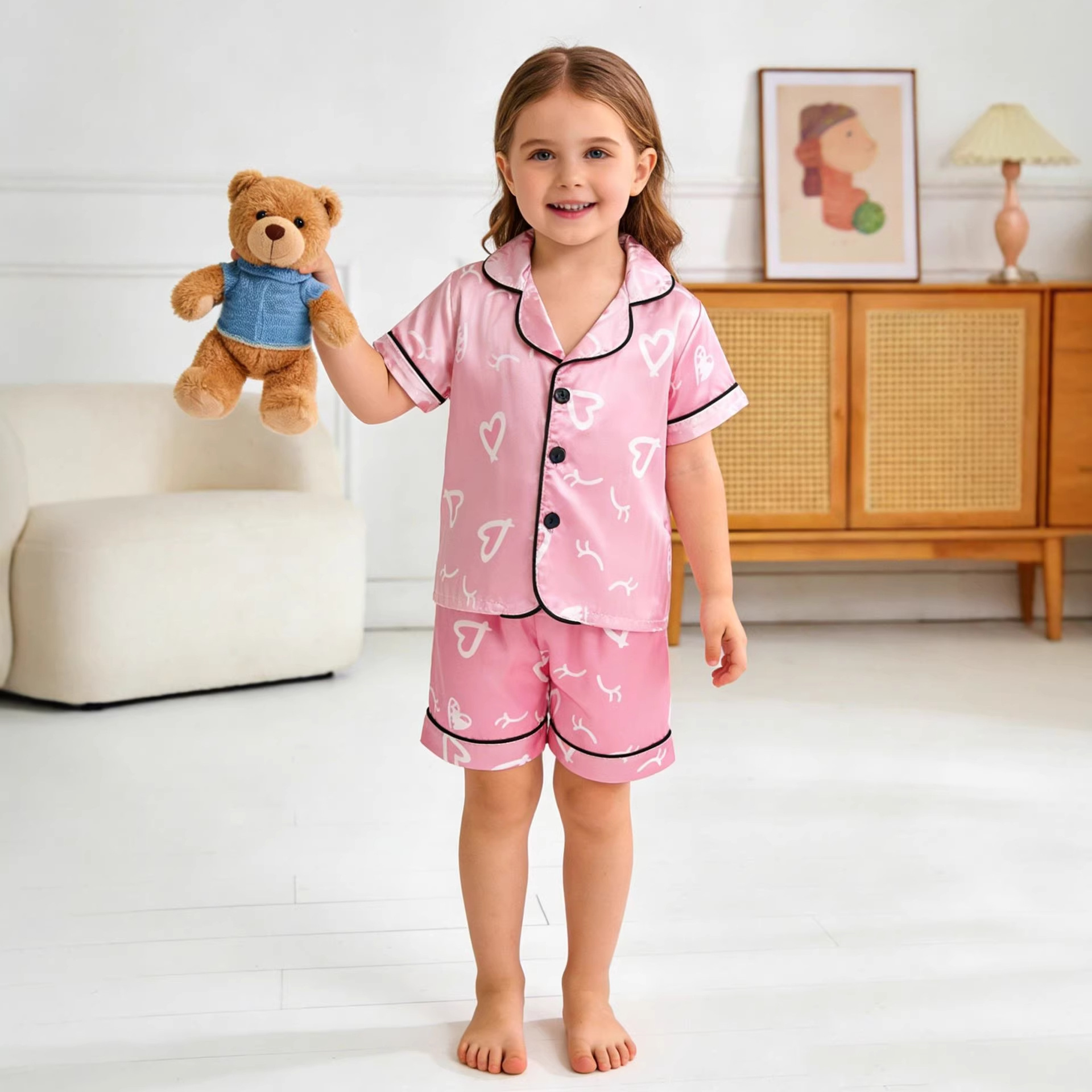Girls' Imitation Silk Pajamas, Pink Heart Short-Sleeved Home Clothes, Kidsren's Ice Silk Summer Thin Suit Wholesale