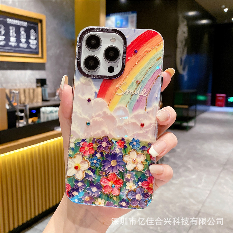 Funda de teléfono con diseño de mar de flores arcoíris y pintura al óleo, con diamantes brillantes, para iPhone 17 Pro Max, 16, Apple 15, 13, de lujo, antigolpes y protectora.
