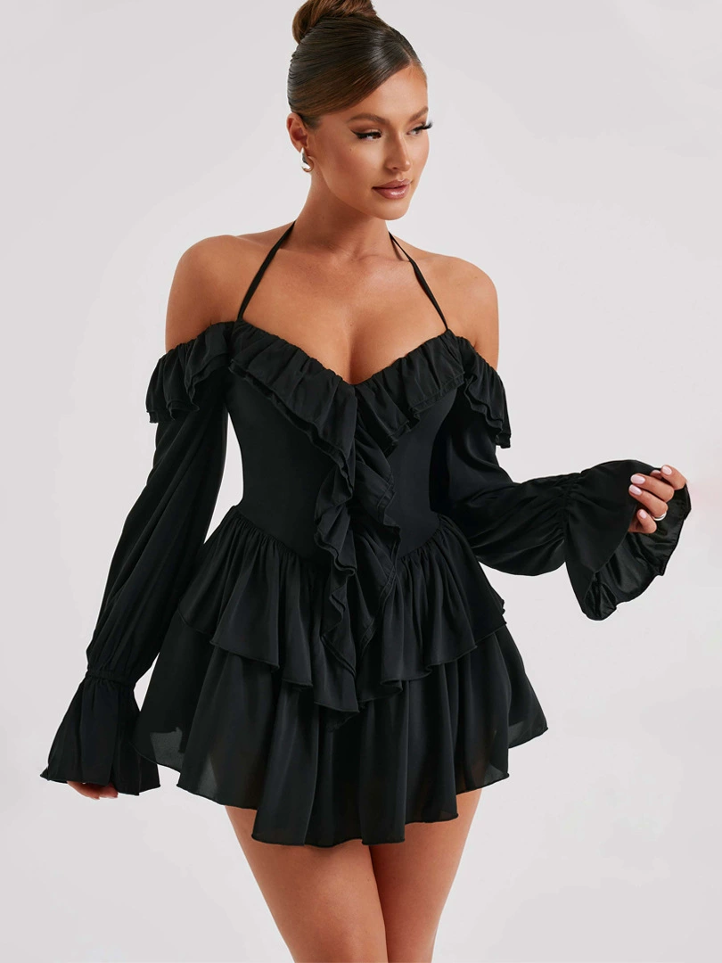 Свадебное/halter off-shoulder мини-платье, европейский стиль, воланная летняя комбинация, 83% полиэстер