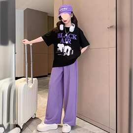 童装夏装运动套装2024新款中大童女孩卡通半袖T恤阔腿裤两件套潮