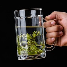 青苹果玻璃杯透明大号啤酒杯加厚耐热无盖带把茶杯棋牌室KTV酒吧