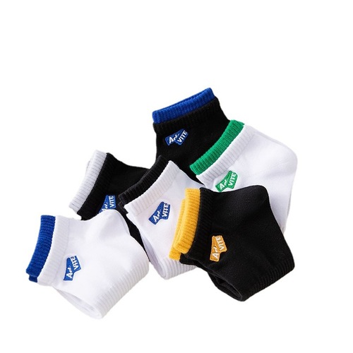 Embroidered socks for men, 100% cotton boat socks, solid color cotton socks, trendy Ins style, black and white combed cotton socks for men, wholesale