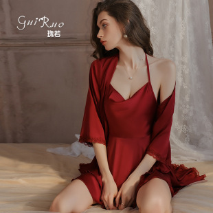 Guiruo Sexy Backless Lace-Up Temptation Swing Collar Double-Layer Skirt Satin Nightdress Gown Women's Home suit 4431