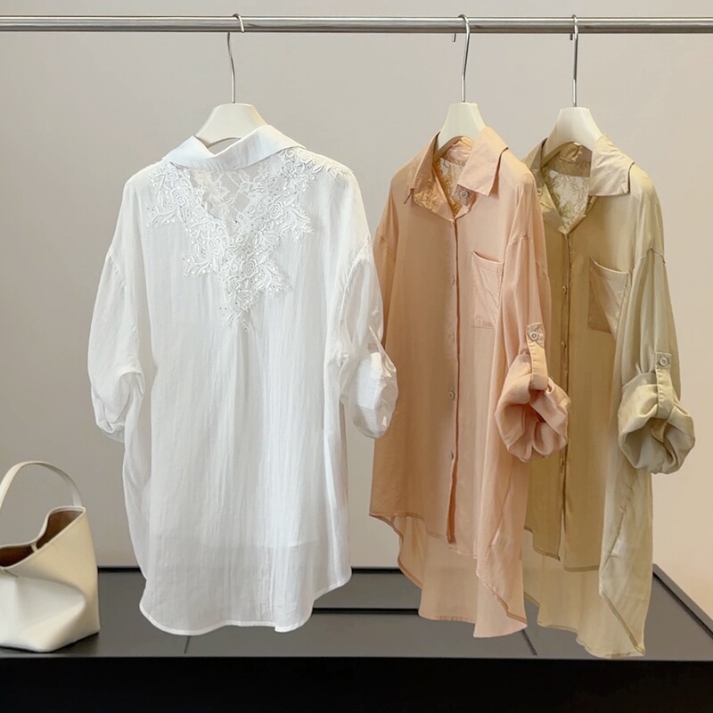 Korean-Style Lazy Tencel Shirt for Women, New Summer Design with Lace Back Panel, Loose Fit, Slimming, Sun-Protective Cardigan Korean-Style Lazy Tencel Shirt for Women, New Summer Design with Lace Back Panel, Loose Fit, Slimming, Sun-Protective Cardigan