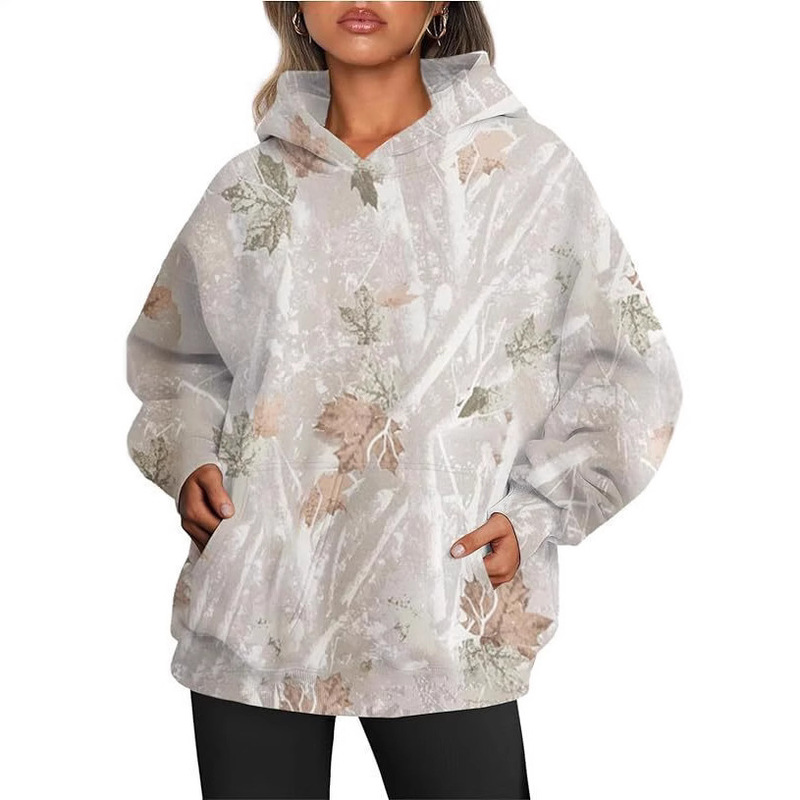 Amazon Autumn New Women's Men's Camouflage Hoodie Maple Leaf Print Oversized Sports Hoodie fleece-lined