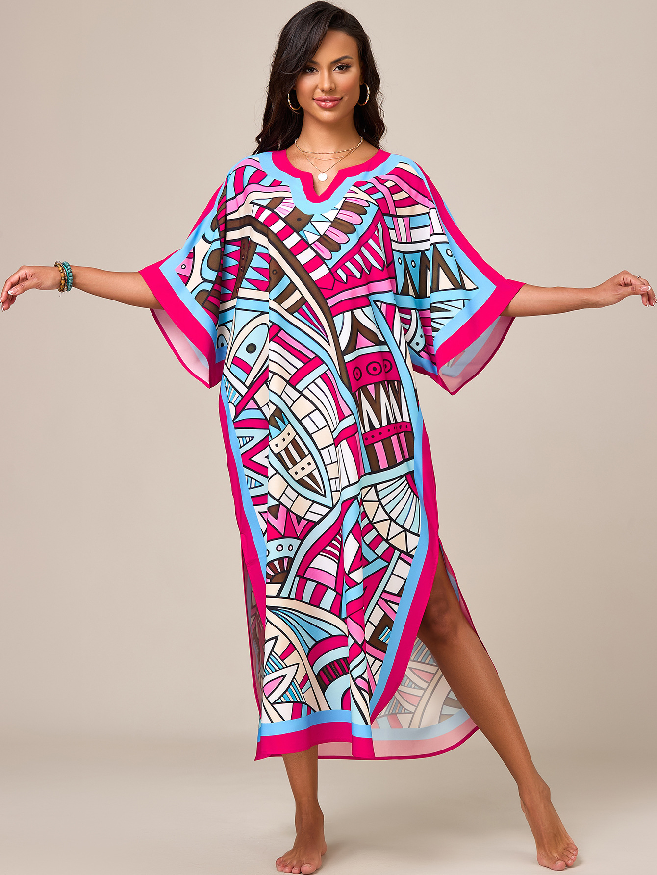 Blusa de playa europea y americana transfronteriza, impresión de posicionamiento, estilo étnico, túnica de Oriente Medio, vestido de comercio exterior suelto de gran tamaño 1011