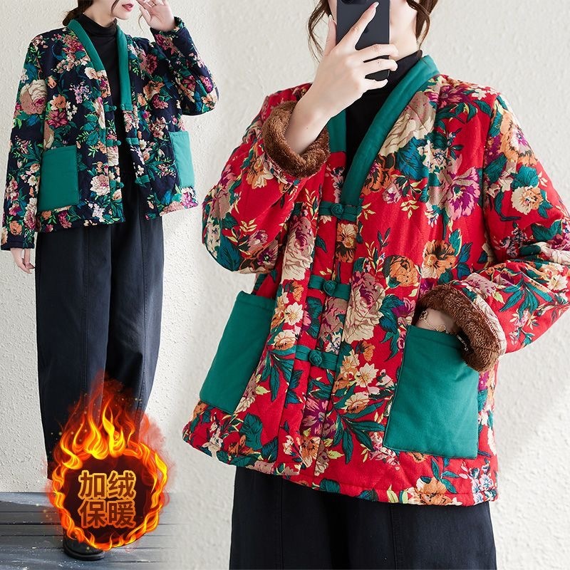 冬天加绒保暖大花棉衣撞色宽松外套民族风复古棉袄女冬季外穿