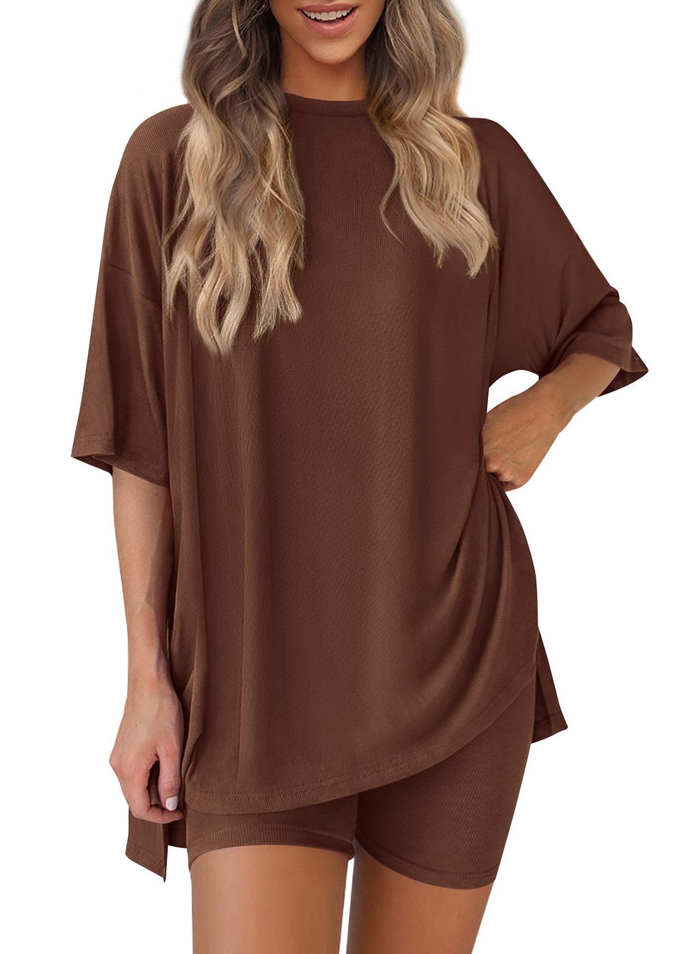 Casual Women's Shorts Set Solid Colour Loose Fit Summer Outfit_voghion.com