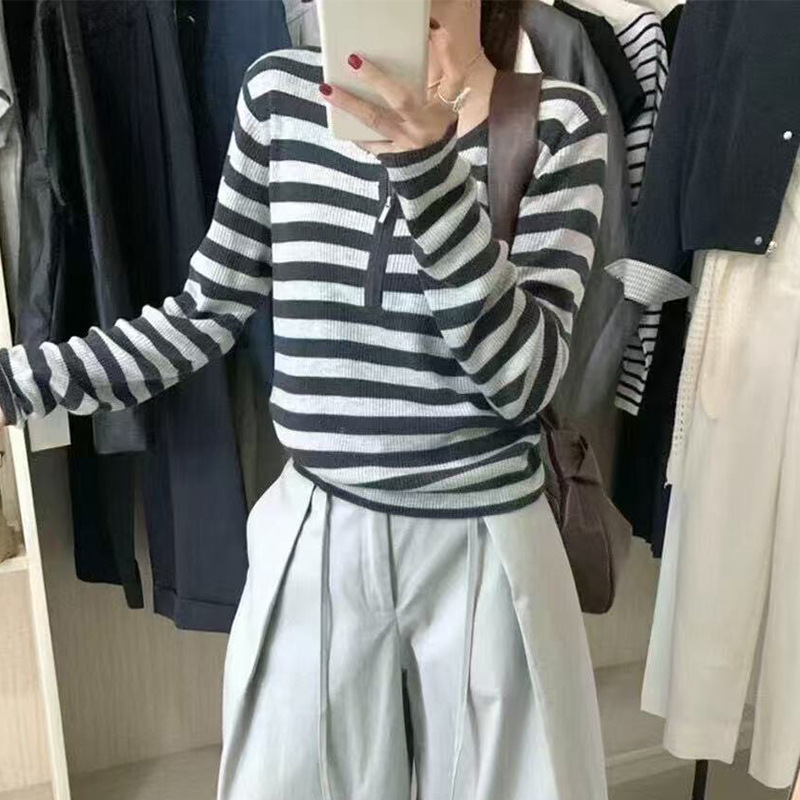 十三行秋季上衣女韩系内搭半开领长袖黑白条纹独特超好看T恤正肩|undefined