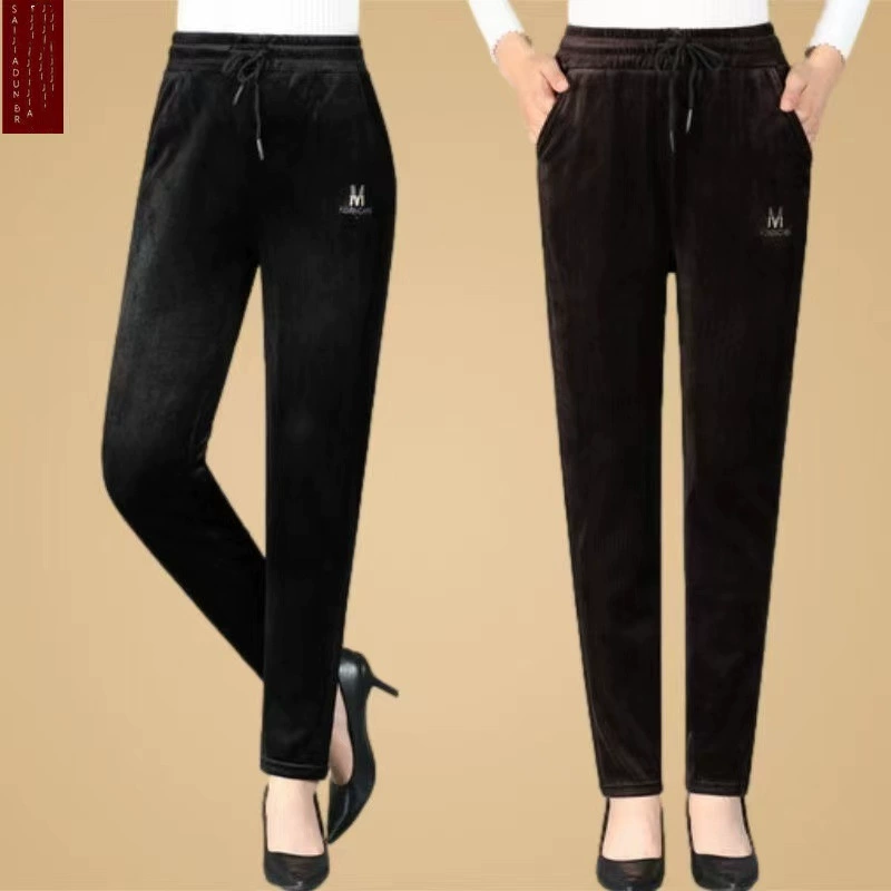 Зимние повседневные вельветовые брюки с высокой талией для женщин среднего и старшего возраста 2025 года, флисовые брюки-леггинсы для мам
