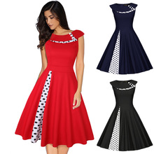 现货2025外贸跨境热卖欧美女装复古赫本风波点无袖拼接大摆连衣裙