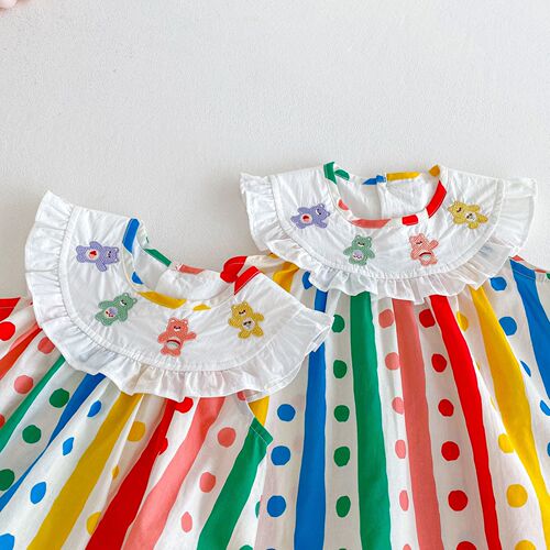 Baby Girl Polka Dot Blouse Skirt 2025 Summer Embroidered Bear Dress Trendy Infant Striped Diaper Cover