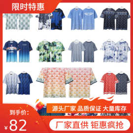 跨境25ss新款230克双纱满匹数码印花棋盘格纹短袖男款宽松T恤