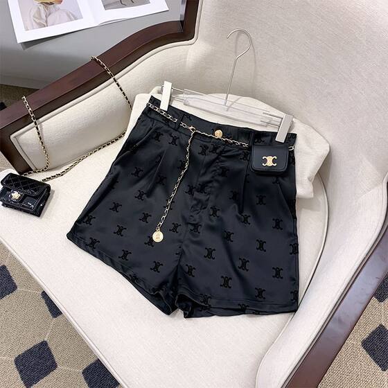 Flocked Printed Ice Silk Black Shorts Women's Summer Thin High-Waisted Loose Slimming Acetate Suit Wide-Leg Pants
