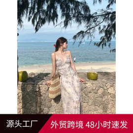 度假海边碎花吊带裙长款夏假日沙滩裙氛围感海岛明媚挂脖裙子露背