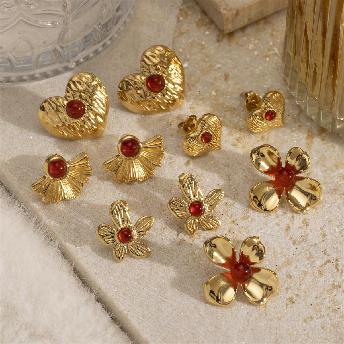 Taena Pendientes de acero de titanio europeos y americanos Sencillo de alta gama Pendientes de piedra natural de flores de moda para damas Joyería de explosión transfronteriza