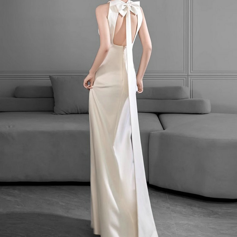 White Satin Evening Dress Simple and Generous Bride Welcome Out Wedding Dress High-end Banquet Graduation Host Light Wedding Dress