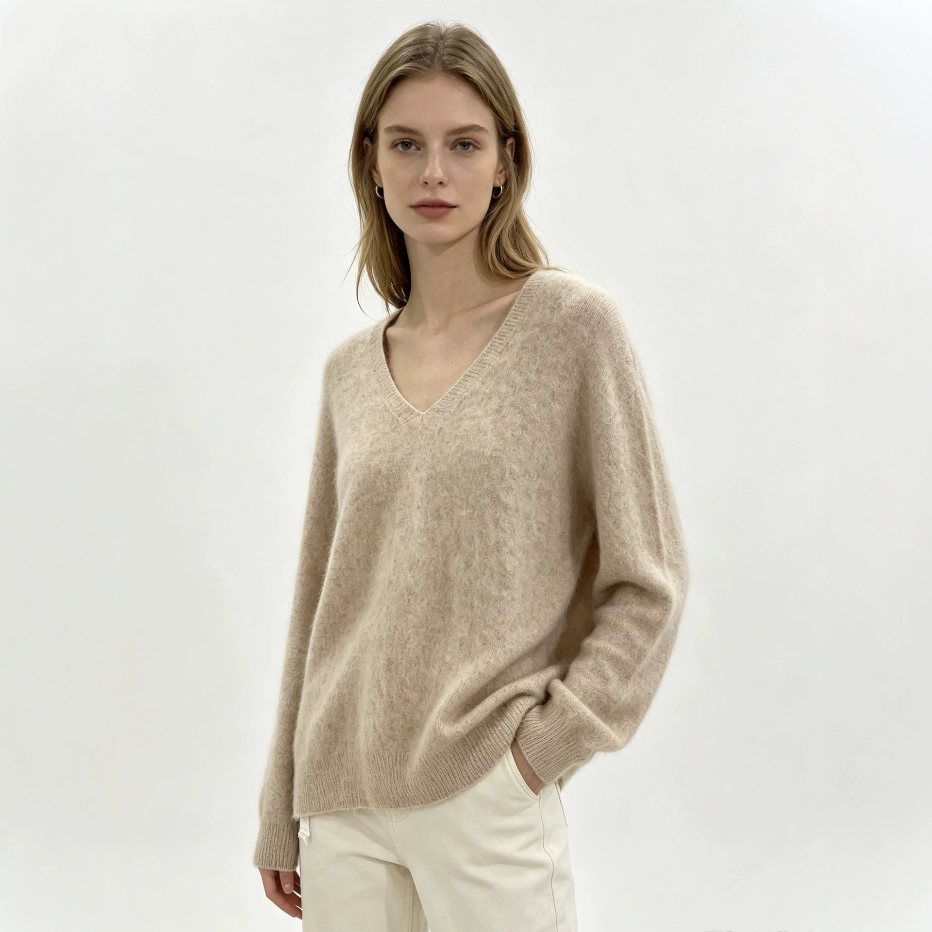 MY25-7007 High-end luxury! Brushed wool cashmere sweater, soft and seamless V-neck knit top for women