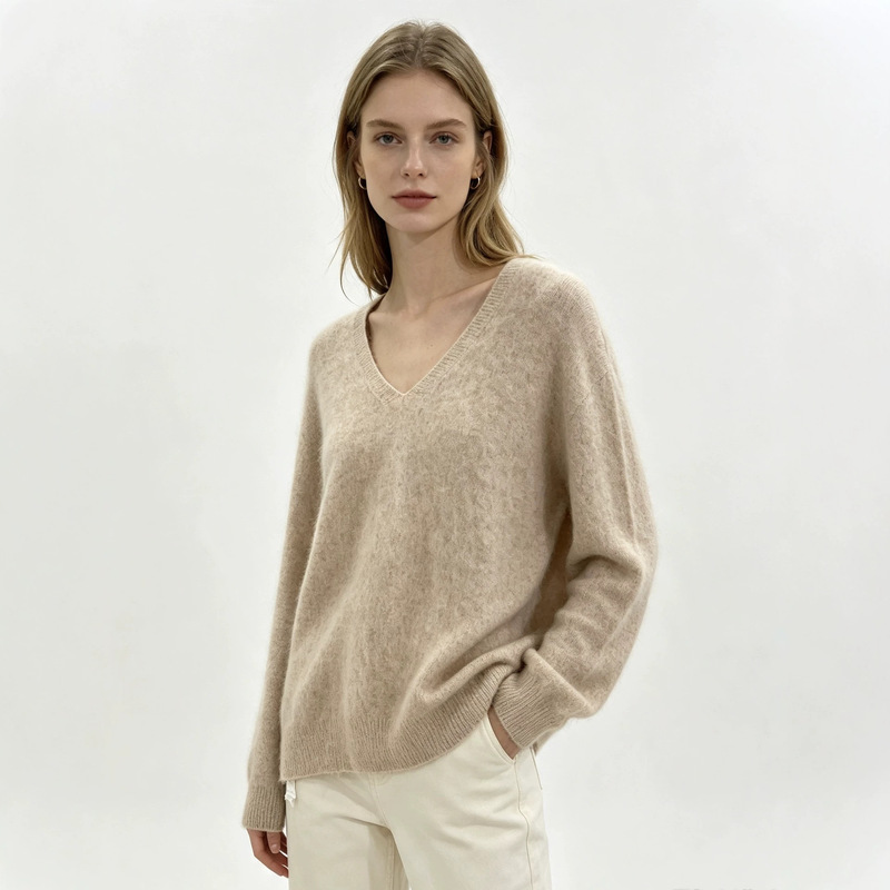 MY25-7007 High-end luxury! Brushed wool cashmere sweater, soft and seamless V-neck knit top for women MY25-7007 High-end luxury! Brushed wool cashmere sweater, soft and seamless V-neck knit top for women