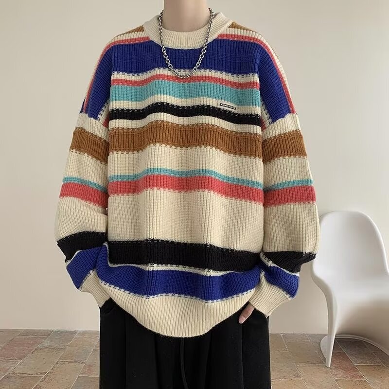 Autumn and Winter Large Size Rainbow Stripesd Knitwear Men's Contrasting Color Round Neck Knitwear Stripesd Knitwear Lazy Bottoming Shirt Top
