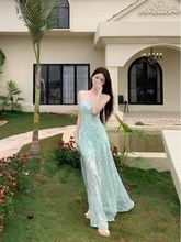 海边度假风绿色吊带连衣裙女夏季气质网纱拼接收腰显瘦a字裙长裙