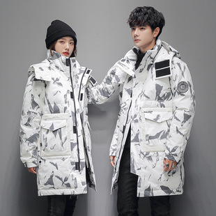First-hand supply autumn and winter outdoor couples long down jacket trendy men's fashion casual coat women's duck down cotton-padded jacket