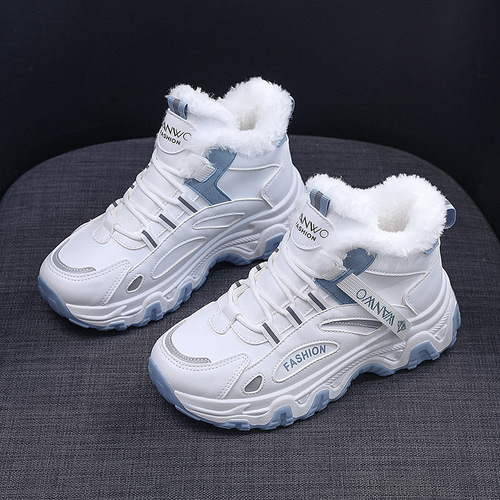 7815 Women's New Black Versatile Leather Surface Ankle Boots for Autumn/Winter with Fleece Flat High-Top Sports Shoes