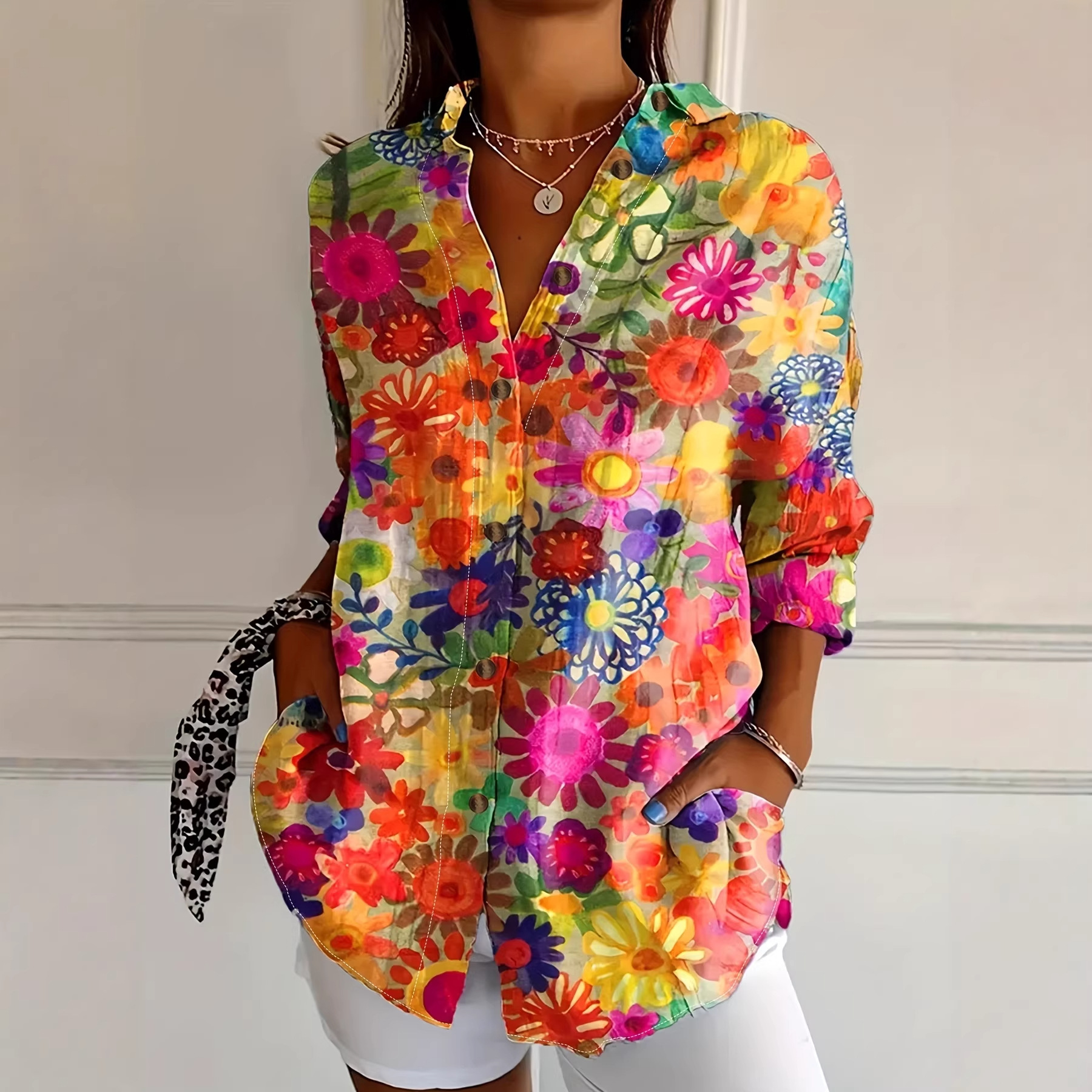 Cross-Border European and American Foreign Trade Full-Print Floral Long-Sleeved Casual Vacation Women's Plus-Size Shirt Women's Clothing