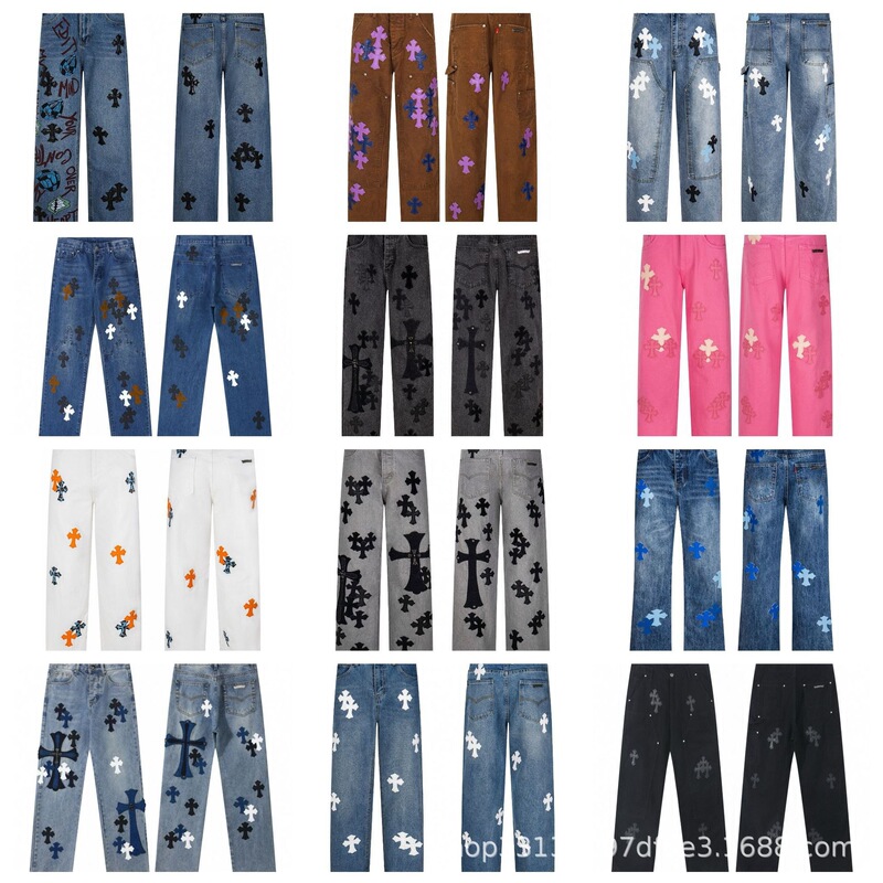 Cross-border summer new American high street Chrome Hearts trendy straight-leg jeans with cross leather label