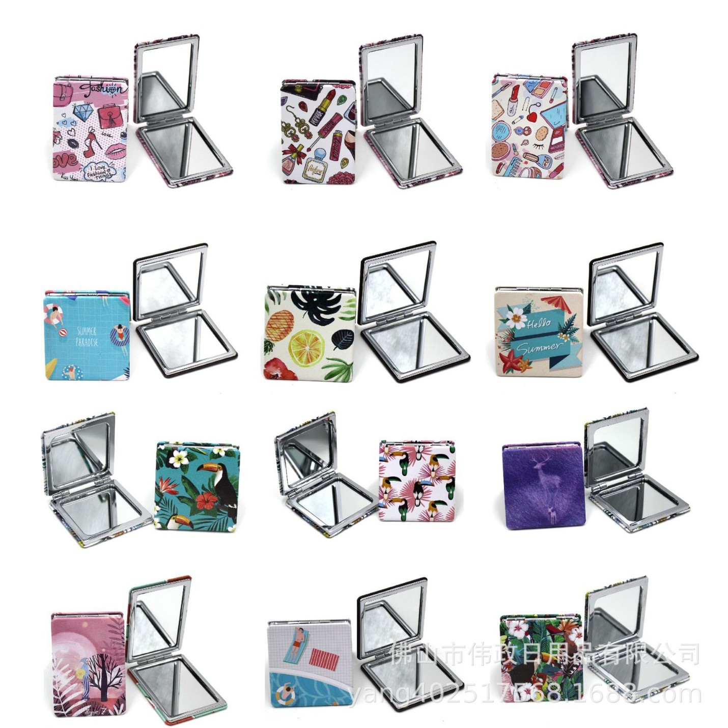 正方形、长方形皮革彩印水果卡通化妆镜  双面折叠美妆镜子