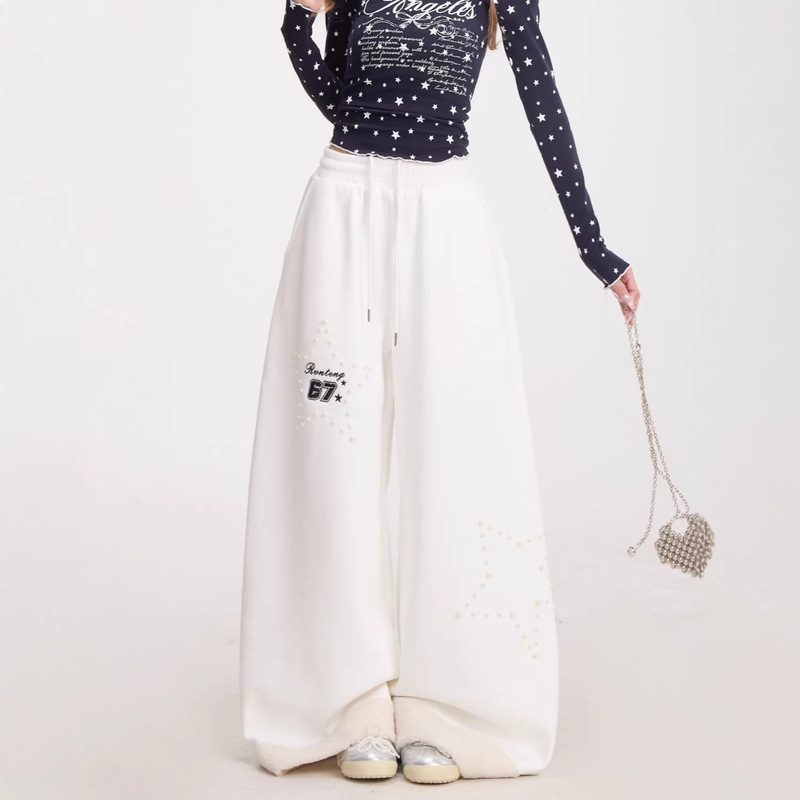 Cross-Border New Style American Casual Wide-Leg Sweatpants for Women, Loose Fit with Embroidered Letters 67 and Star Pattern, Patchwork Terry Long Pants