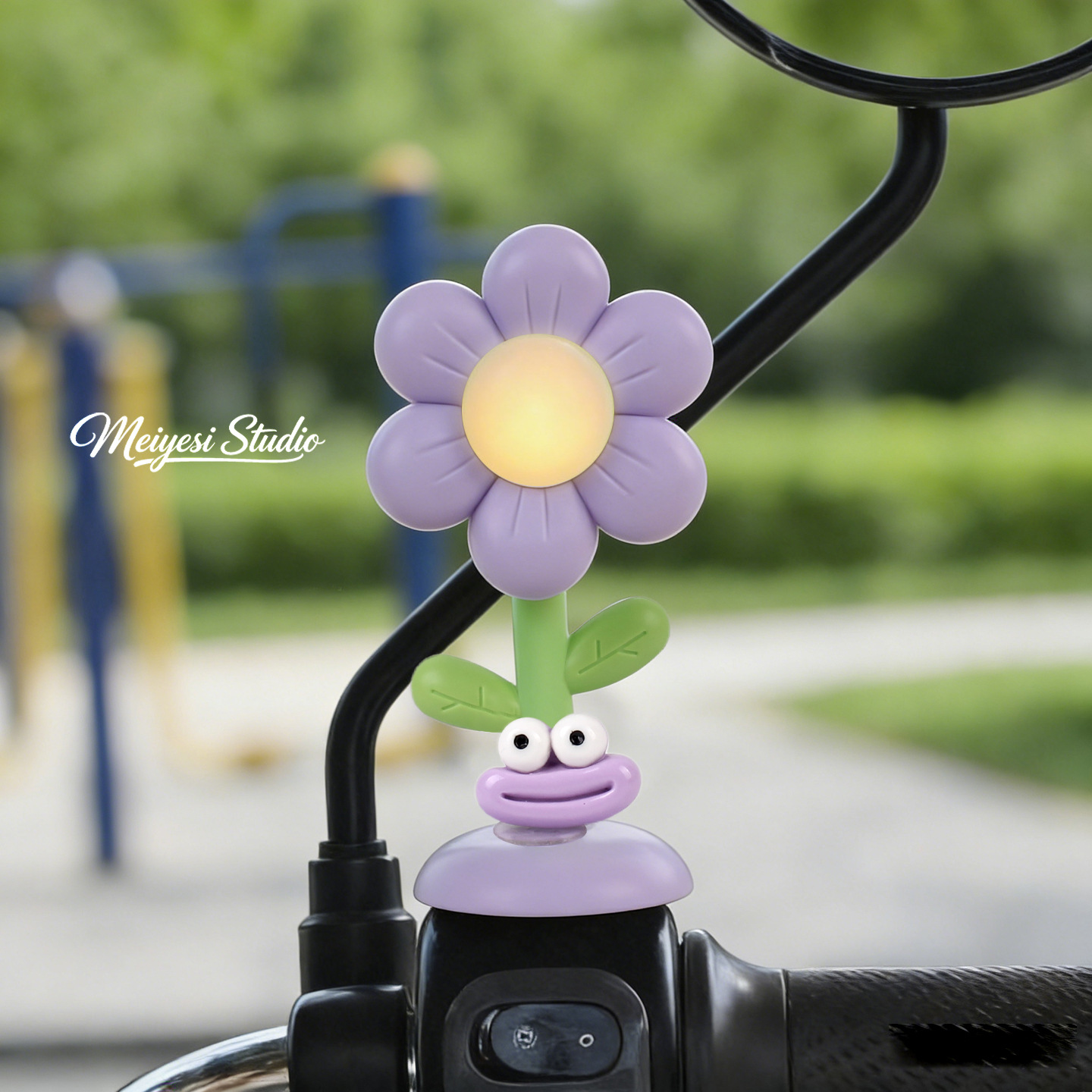 Flores de automóviles eléctricos adornos de luces lindos dibujos animados jefe perro coche de batería bicicleta de noche luces de advertencia accesorios de decoración