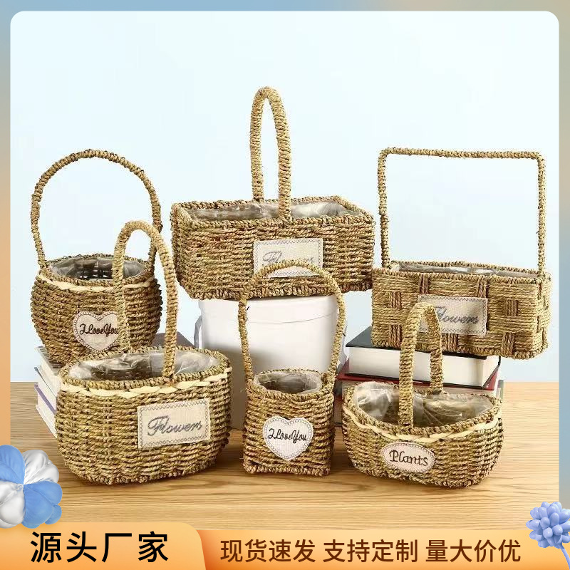 花篮草编藤编篮子插花包邮工韩国新款手提编织手工花店批发花盆篮