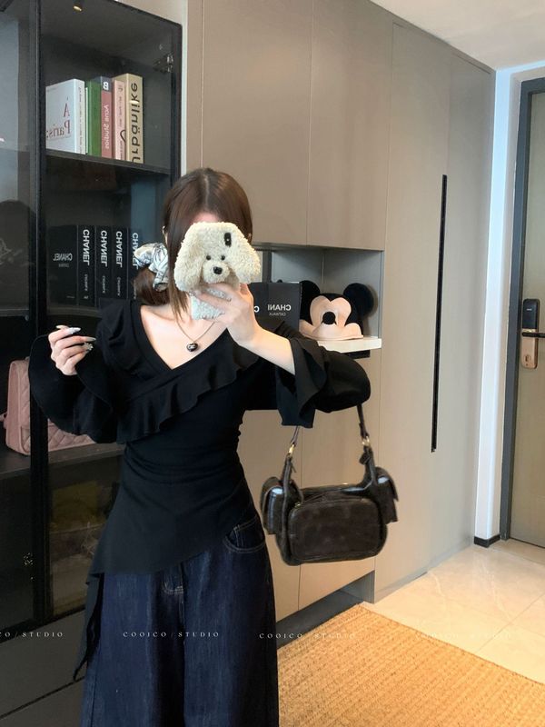 实拍2025秋装新款胖mm大码荷叶边V领长袖T恤辣妹不规则上衣80235|undefined
