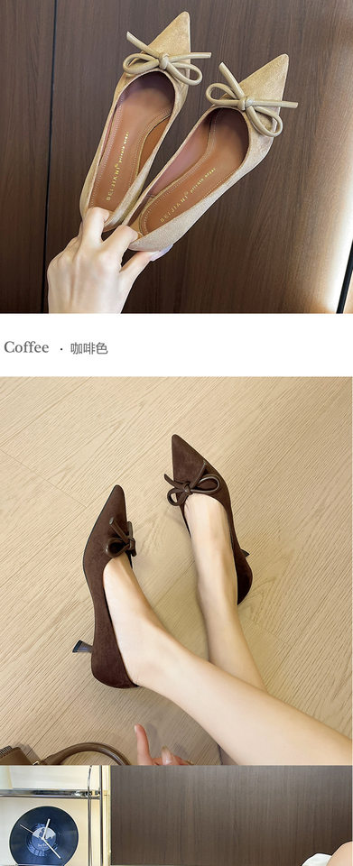 Giày cao gót nữ mũi nhọn gót mảnh thấp cổ điển, thân mềm trang trí nơ, phong cách thanh lịch — màu nâu sô cô la, quần kaki chi tiết 8