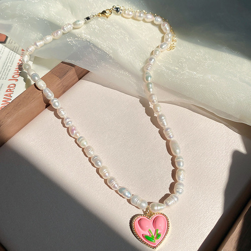 Flower Love Freshwater Pearl Necklace French Girl Heart Sweet Clavicle Chain Tulip Sexy Versatile Temperament Necklace