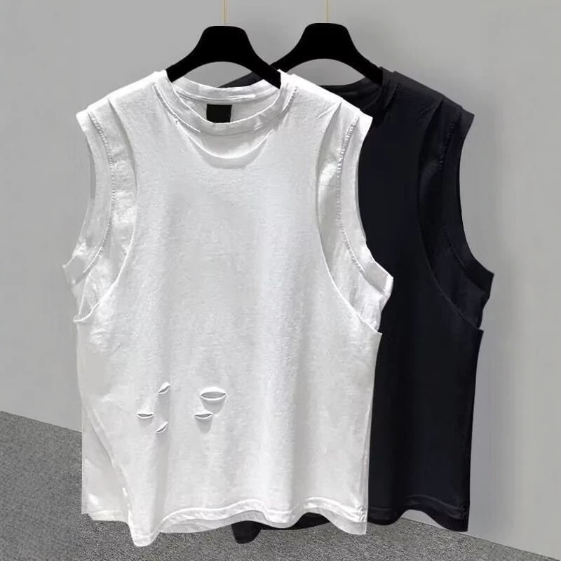 White Vest for Men and Women, Niche Style, Faux Two-Piece Design, Ripped Sleeveless Shirt, Loose Casual Trendy Base Shirt