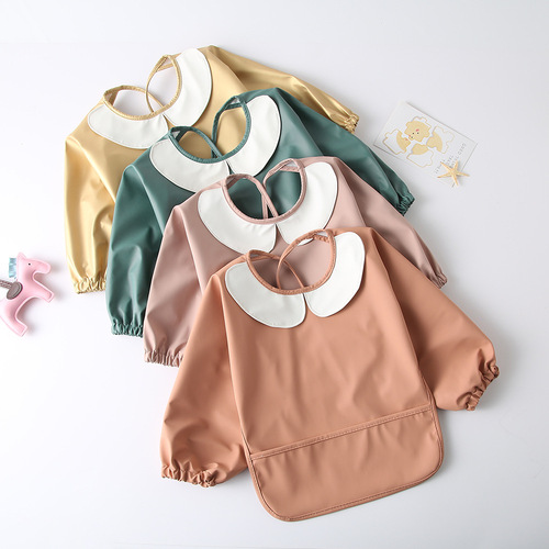 Korean baby eating smock long-sleeved pu reverse-dressing waterproof bib children's long-sleeved children's anti-dirty reverse dressing