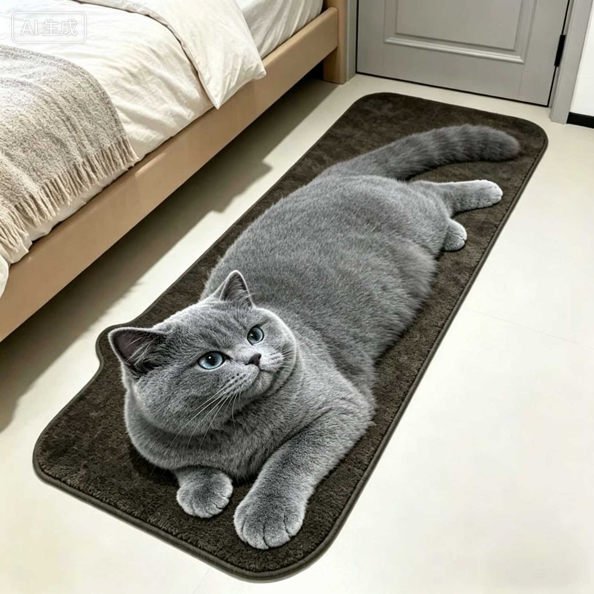3D Visual Plush Cat Bedside Rug, Cute and Adorable Long Carpet for Bedroom, Water Absorbent, Dirt Resistant, Insulating Foot Mat, Cross-Border