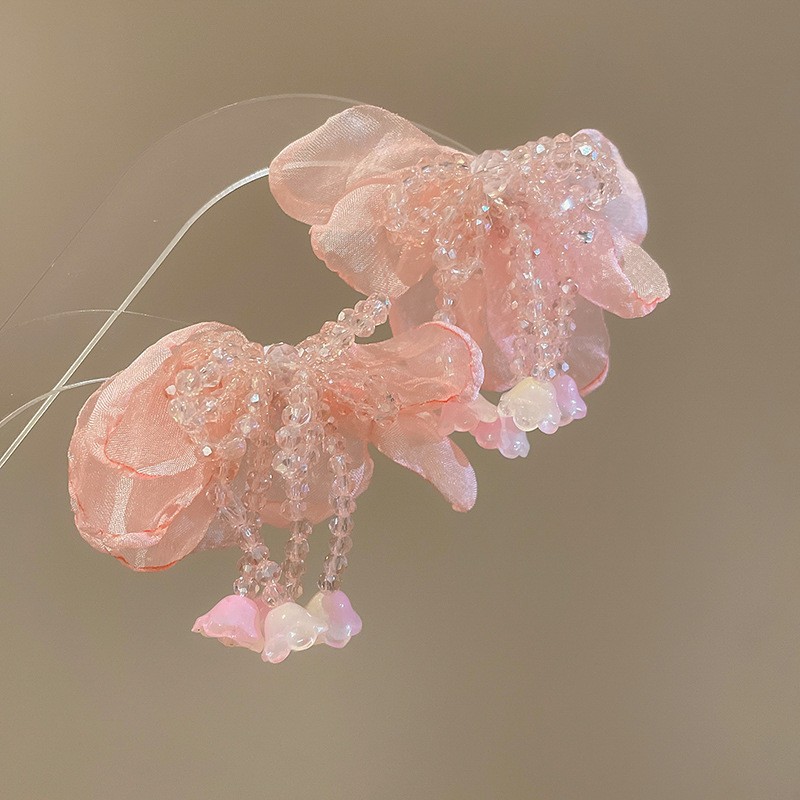 Pendientes de borla de flores de tela de aguja de plata Pendientes de estilo de vacaciones junto al mar
