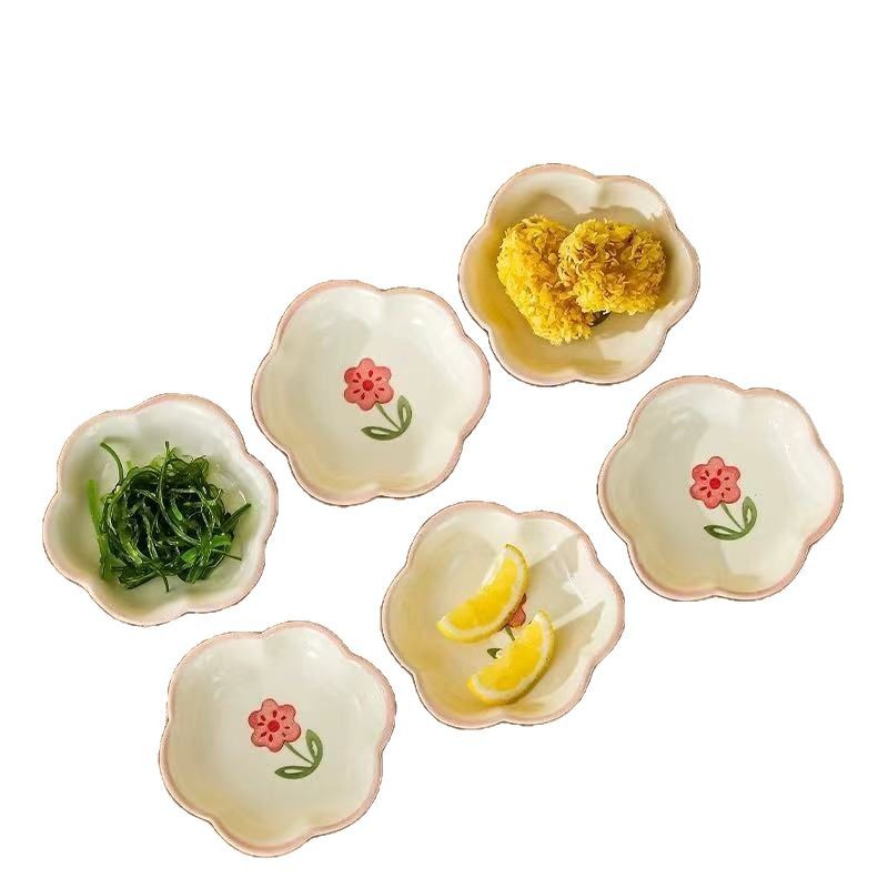 Platos pequeños de cerámica de flores de cuatro estaciones de alto valor, salsa de soja, vinagre, plato de condimento, tazón de condimento, plato pequeño, color bajo vidriado