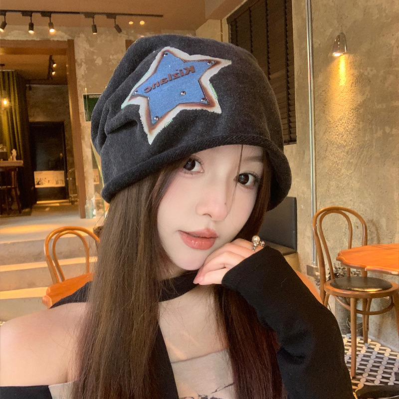 Retro americano viejo lavado estrella pila sombrero mujer delgada dulce y cool sensación de atmósfera de gran envoltura de cabeza gorra fría
