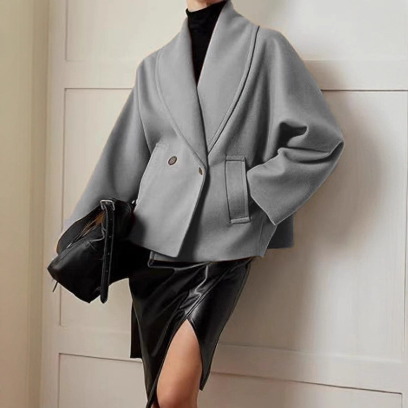 Women's Short Pea Coat, Ultra Jacket with a Turn-Down Collar, Double-Breasted Coat, Stand Collar, Autumn and Winter Petite Coat with a High-End Feel