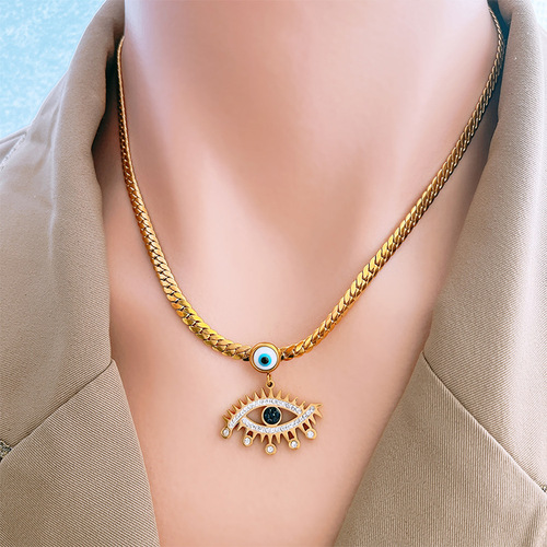 European and American exaggerated style full diamond eye pendant titanium steel flat clavicle chain blue devil's eye earrings necklace set