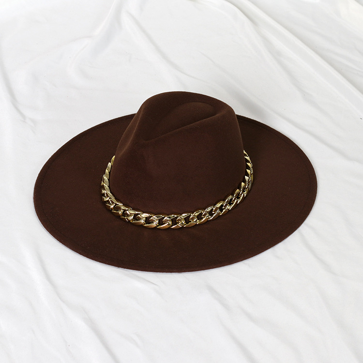 Sombrero de jazz con cadena dorada, sombrero francés vintage de ala ancha en forma de corazón para mujer, sombrero de fieltro oversize.